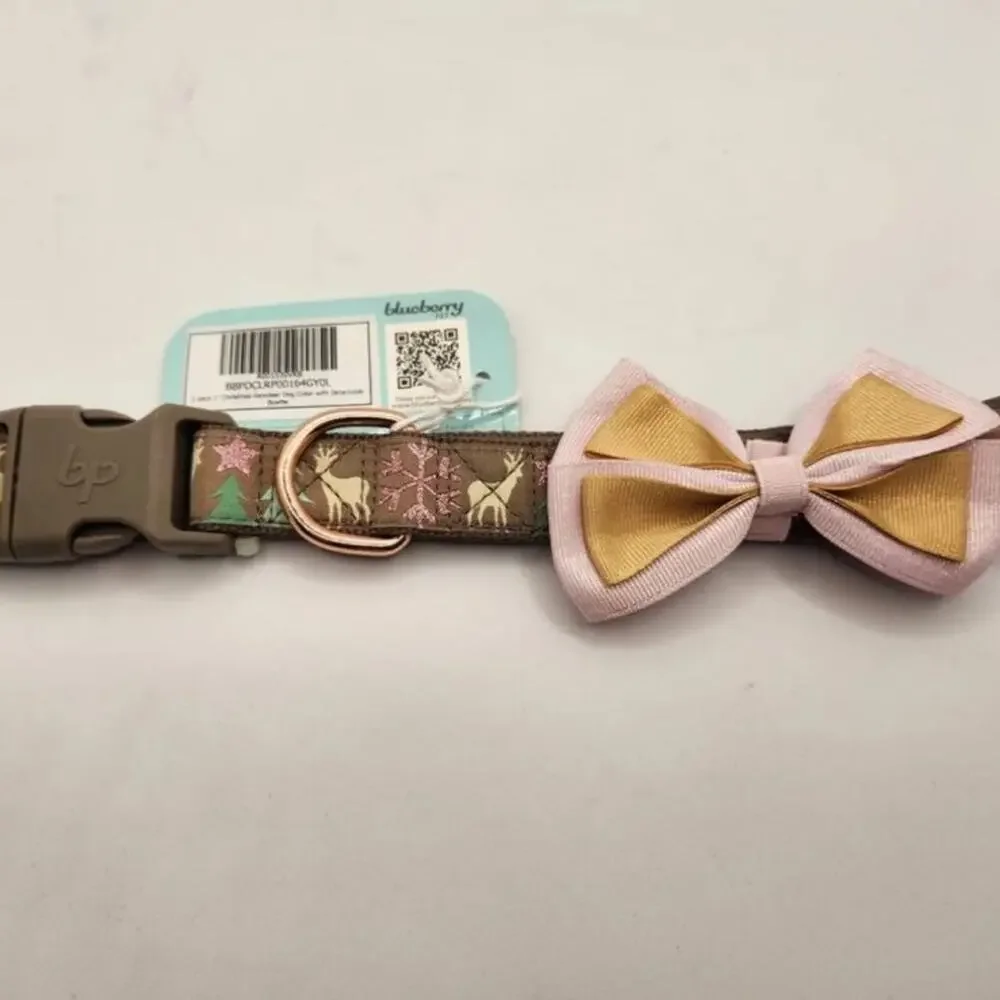 Blueberry Dog Collar with bow tie pink deer size Large NWT